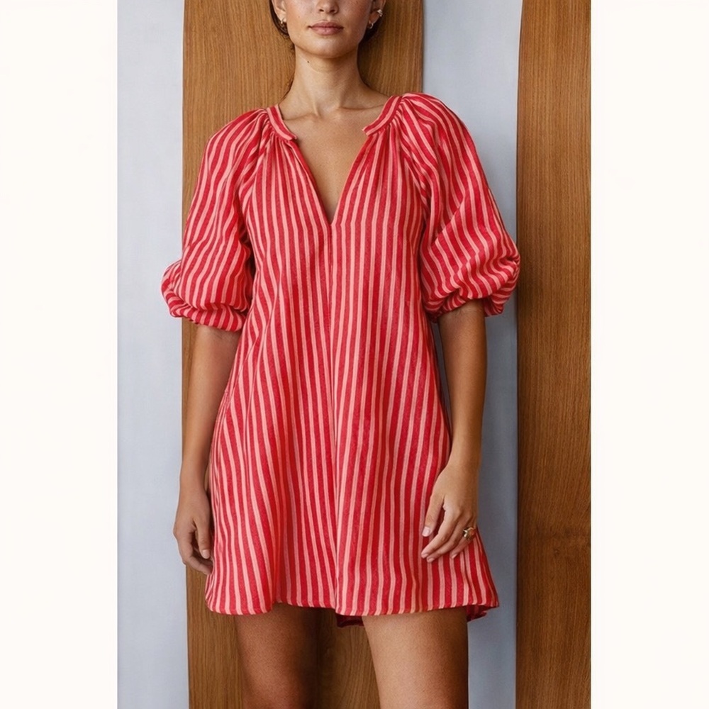 Magaschoni 100% Linen Cherry Red Pinstripe Resort Tunic Beach Dress XS